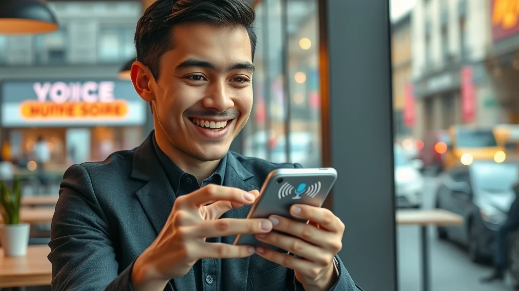 Young professional using a mobile app enhanced with voice AI interface in city café