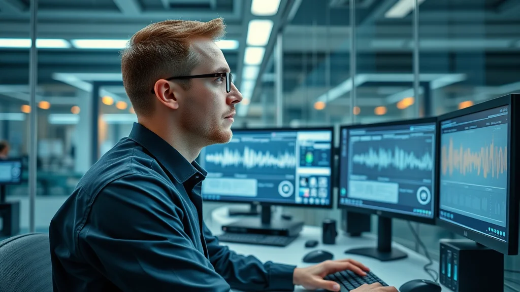 Tech professional monitoring AI speech recognition and audio transcription on multiple monitors