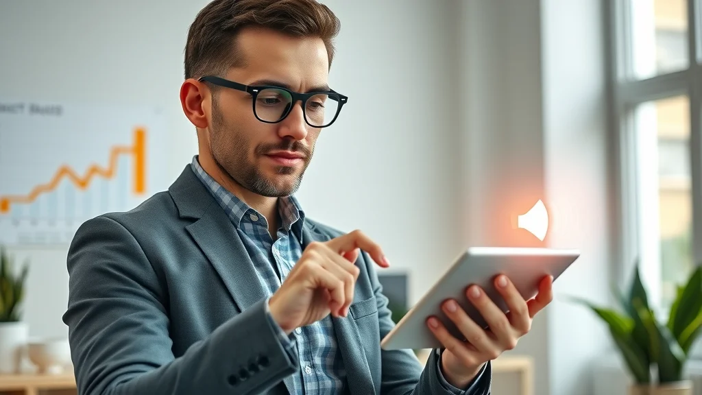 Entrepreneur using tablet with voice search in a modern workspace