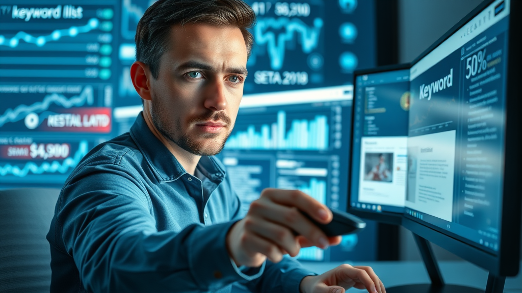 SEO specialist analyzing local business website content and keyword data to get more customers