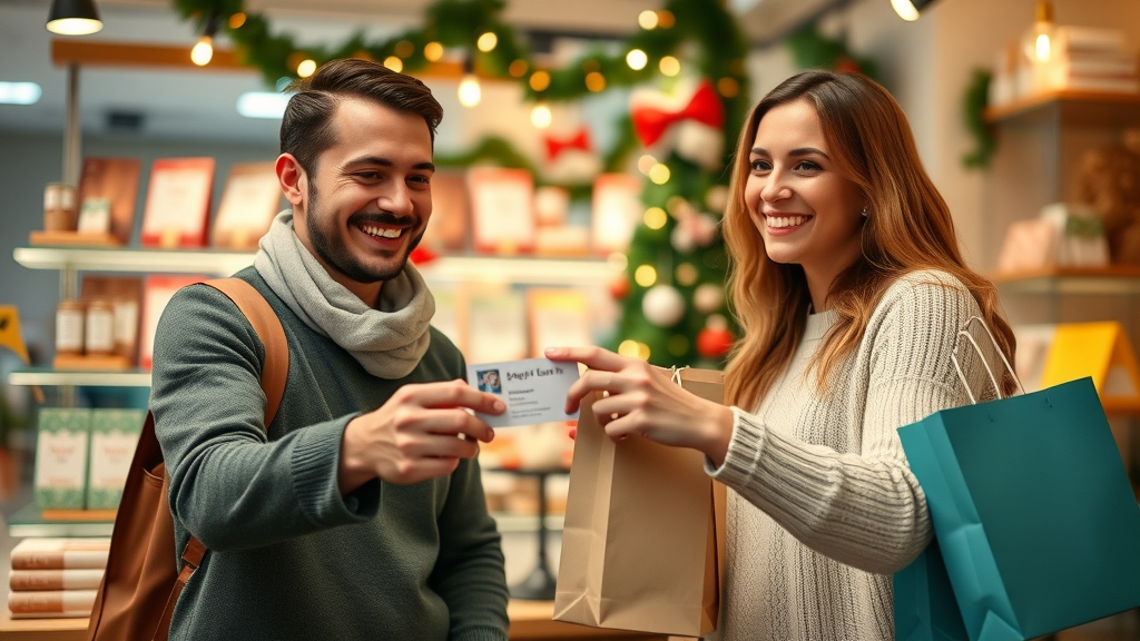 happy current customers exchanging referral card with a gift in a charming retail shop