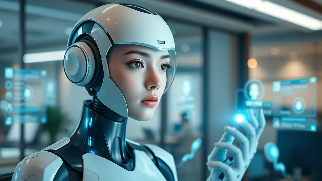 Futuristic digital assistant engaged with voice search AI in modern office surrounded by holographic displays