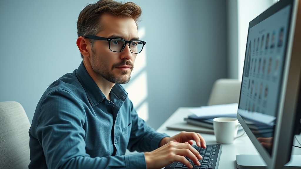 thoughtful business owner updating business listing and online presence for better local search rankings