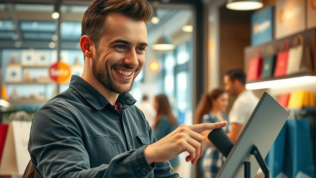 Friendly small business owner interacting with voice-activated smart display device
