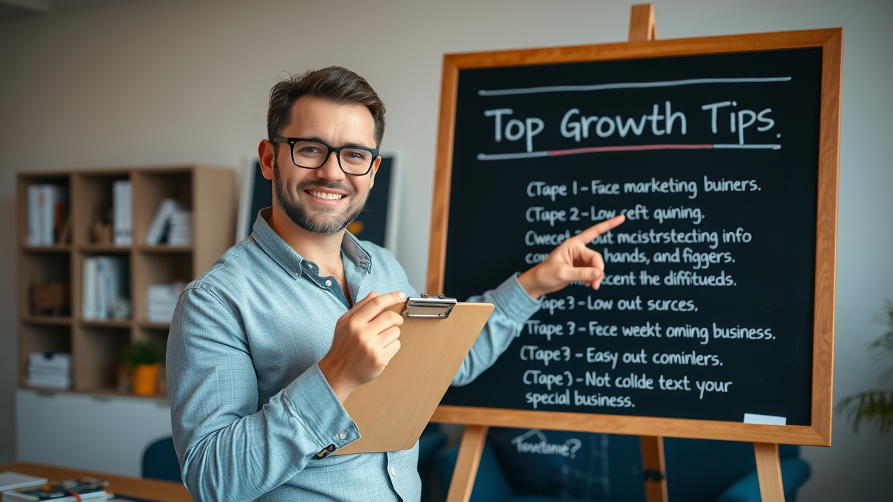 professional business owner pointing at chalkboard of top growth tips for how to get more customers for my local business
