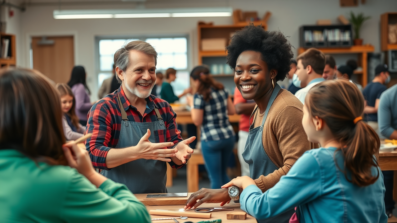 small business owner leading a lively community workshop to attract new customers