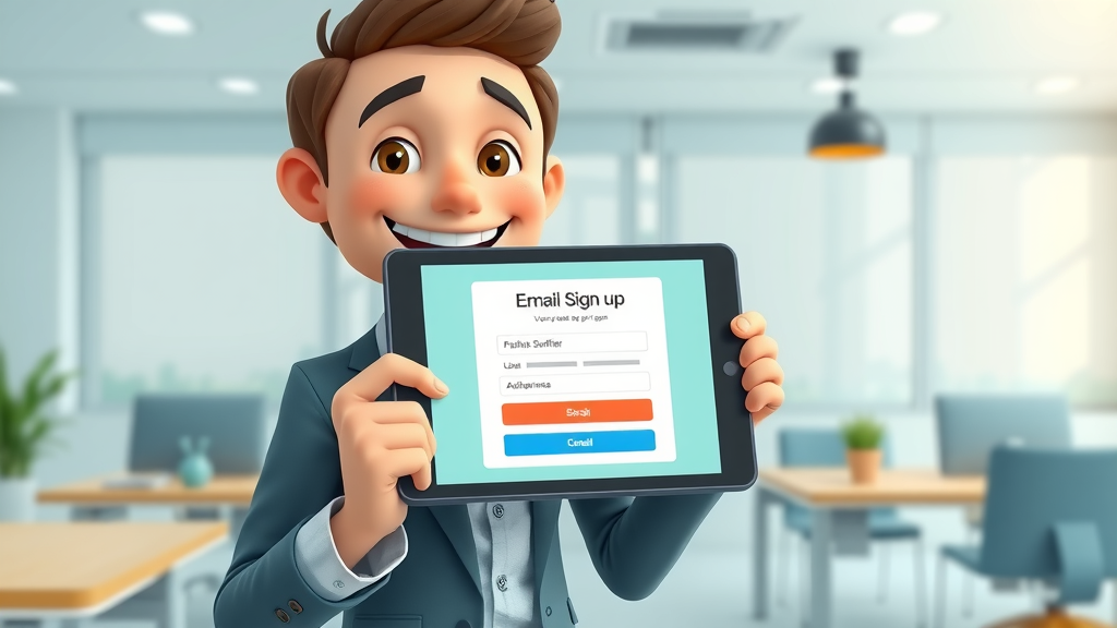 happy business person showing email sign-up discount for small business customer attraction