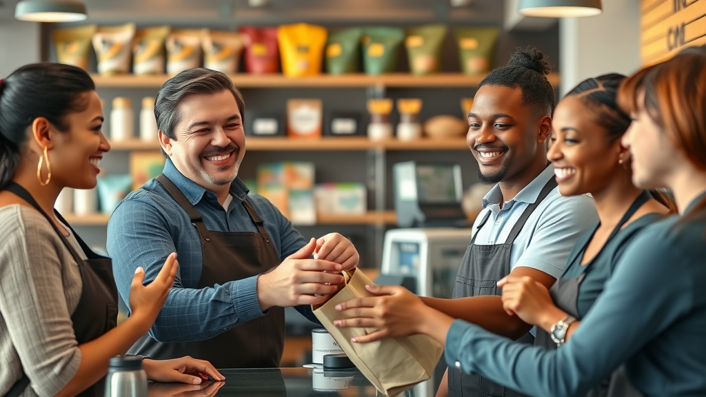 friendly customer service team helping new and current customers at a small business counter