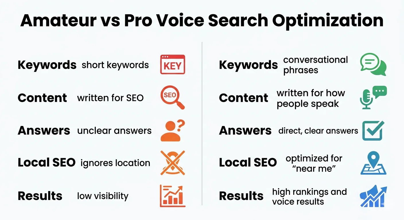 Split-screen of amateur versus professional voice search optimization workflow in a Memphis business context