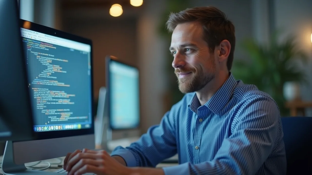 Detailed website audit on computer screen analyzed by an SEO specialist, focusing on AI-ready reputation metrics in a modern, well-lit office.