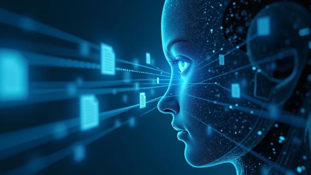 Abstract visualization of AI data flow—structured files like LLMs.txt, schema markup, glowing digital streams, and robotic digital eyes scanning, representing AI-ready reputation. Ultra-realistic blue-silver palette.