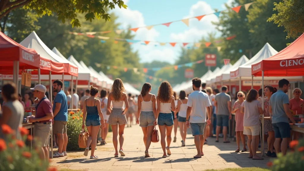 Community festival scene with local business booths, highlighting AI-ready reputation through staff and customer interaction.