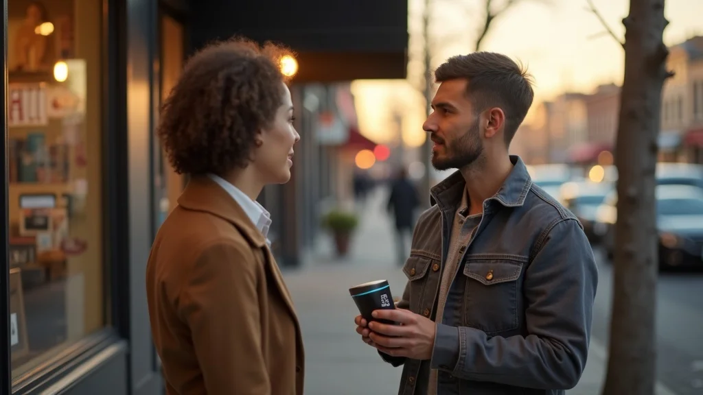 Forward-thinking local business owner engaging with an AI voice assistant device, illustrating practical steps to achieve AI-ready reputation in a real-world business context.