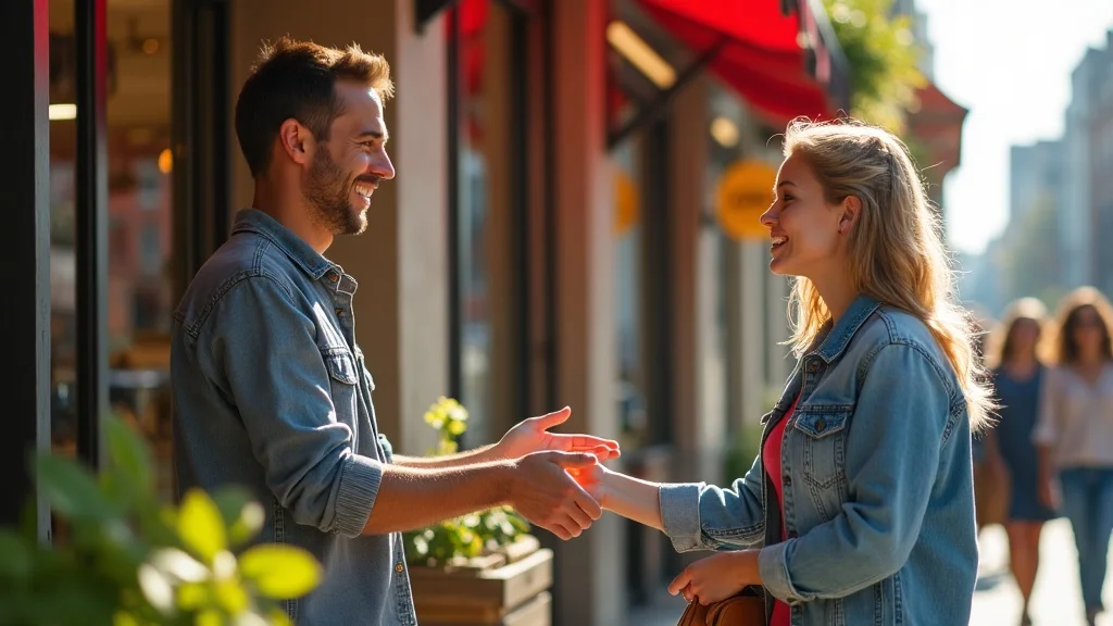 Inviting local business storefront, owner greeting loyal customers, reflecting successful adaptation to AI and zero-click search trend