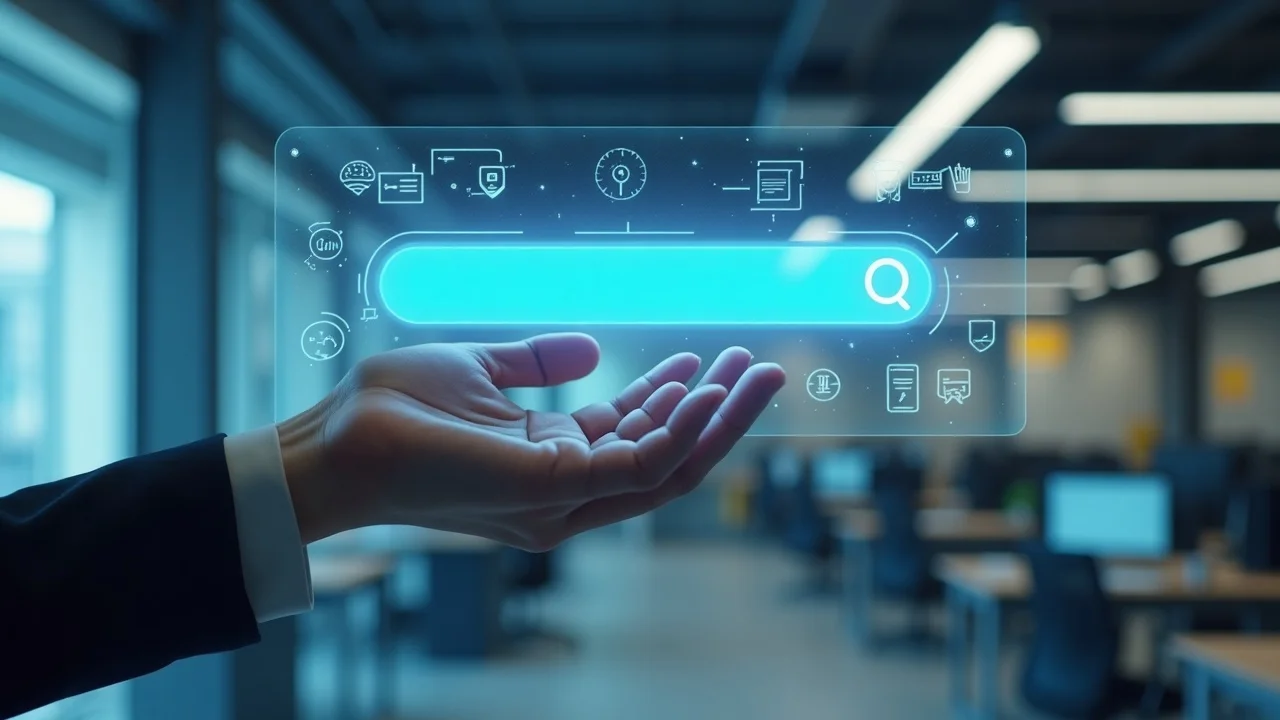 Futuristic search bar overlay illustrating AI and zero-click search dominance in local business discovery, additional NLP: AI-powered Voice Search