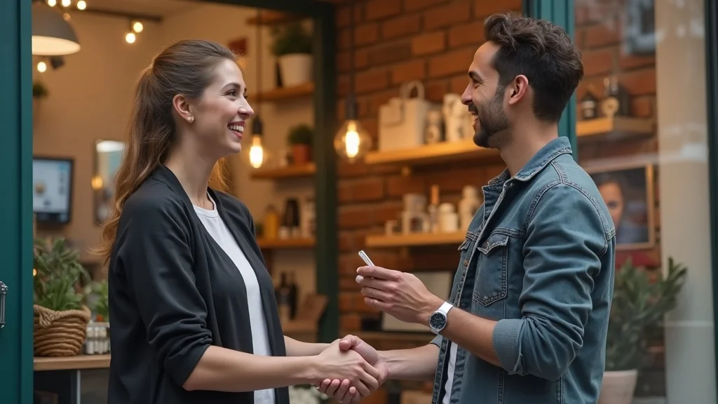 Local business owner greeting customer in vibrant small city shop