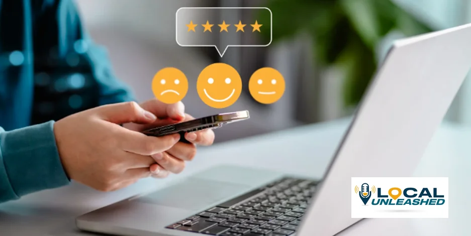 How to Write Google Review Replies That Boost Rankings and Trust Business owner responding to online review in front of local landmark to build Knowledge Graph authority