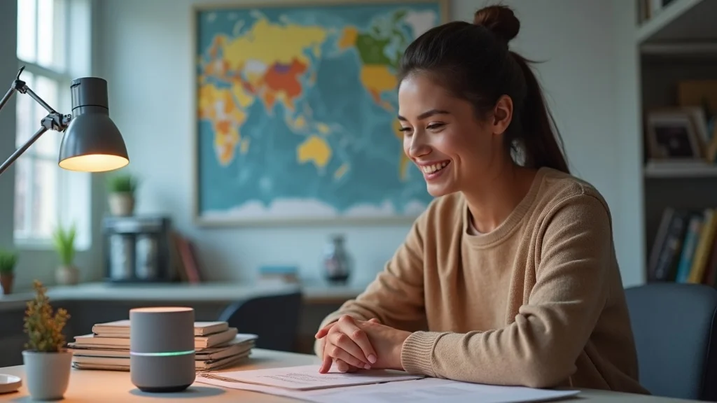 Using Localized Content to Boost Your Business’s AI Recommendations Tech-savvy homeowner speaking to voice assistant in a bright home office with local maps
